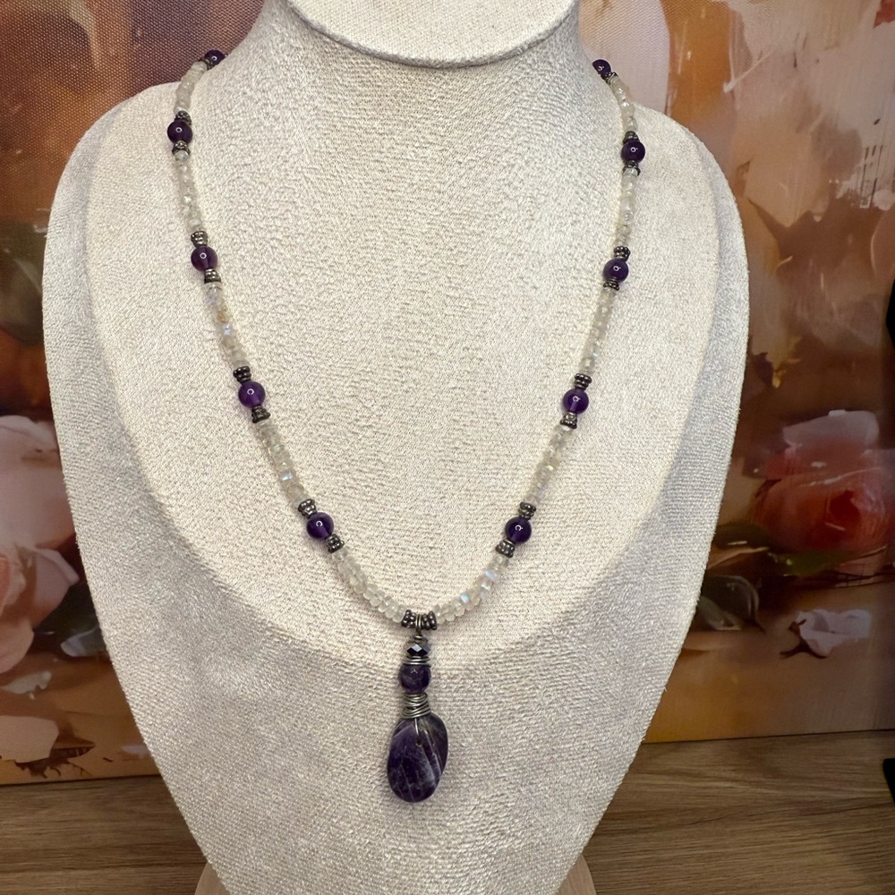 Vintage Amethyst & Moonstone Pendant Necklace – Wire Wrapped Spiral Drop – 18”